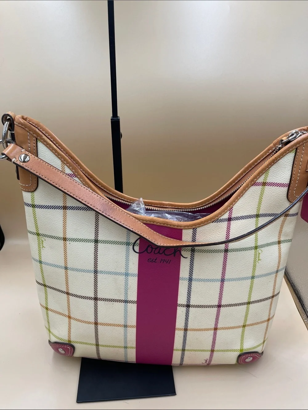 Coach Tattersol Cream Plaid Shoulder Bag with Pink Stripe
